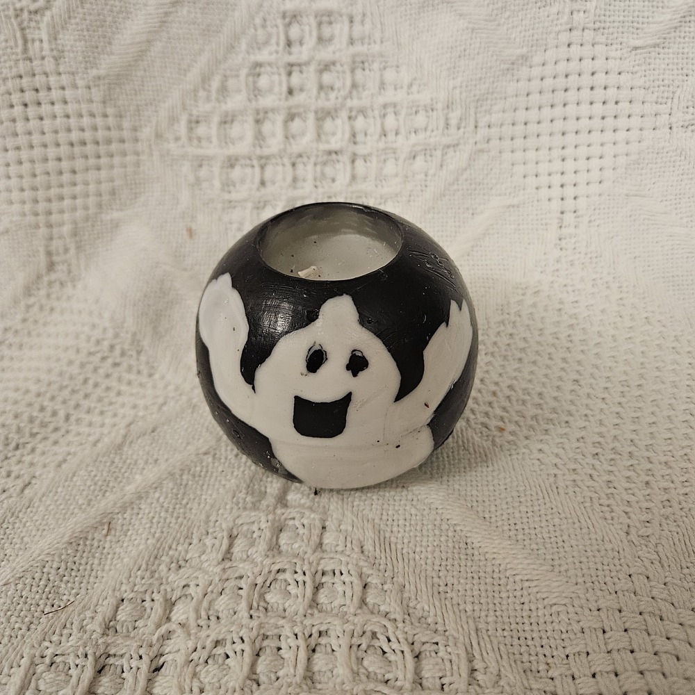Vintage Round Glow Ball Ghost Halloween Candle Black and White Unlit